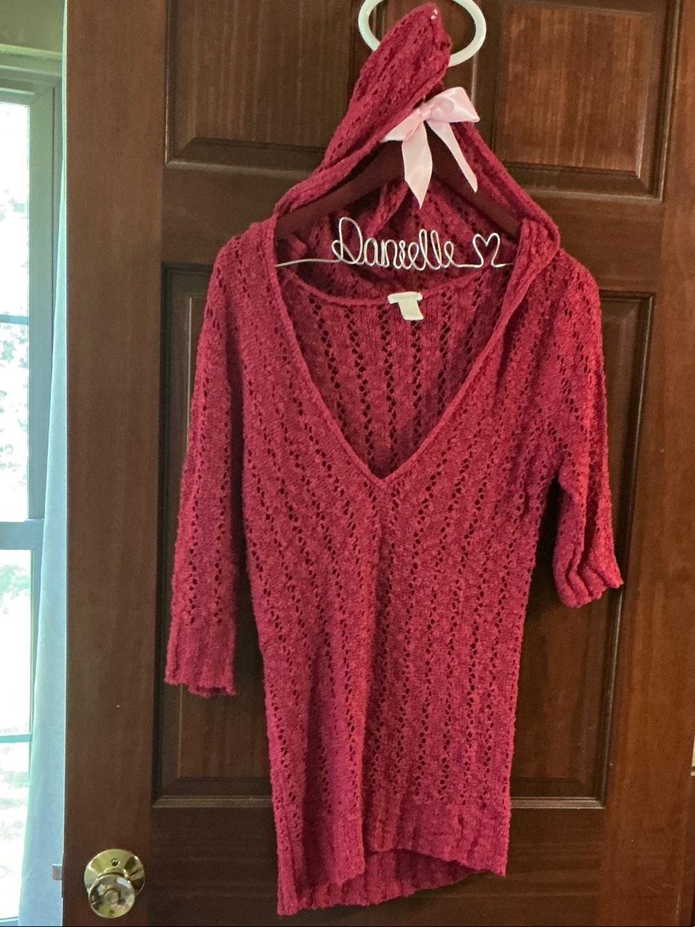 Knit Hooded V-Neck Sweater - Berry Red/Pink